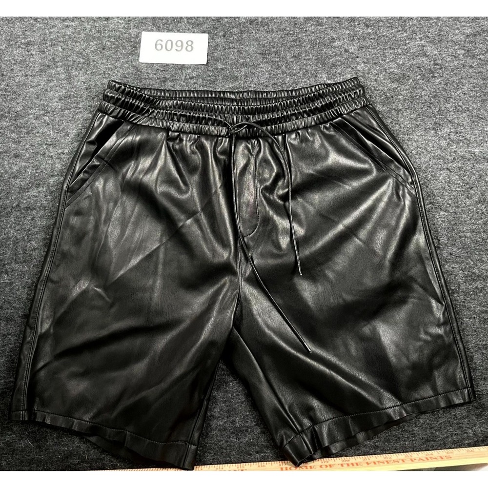 TAGOO Shorts Mens Large Black Faux Leather Drawstring Flat Front Casual Athletic